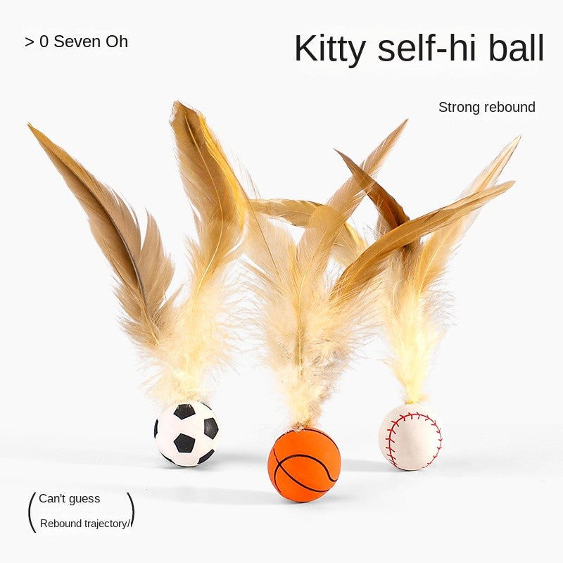 Bouncy Feather Cat Toy Ball - Self-Play & Interactive Toss Toy with Elastic Band |Durable Chicken Feathers & Springy Fun